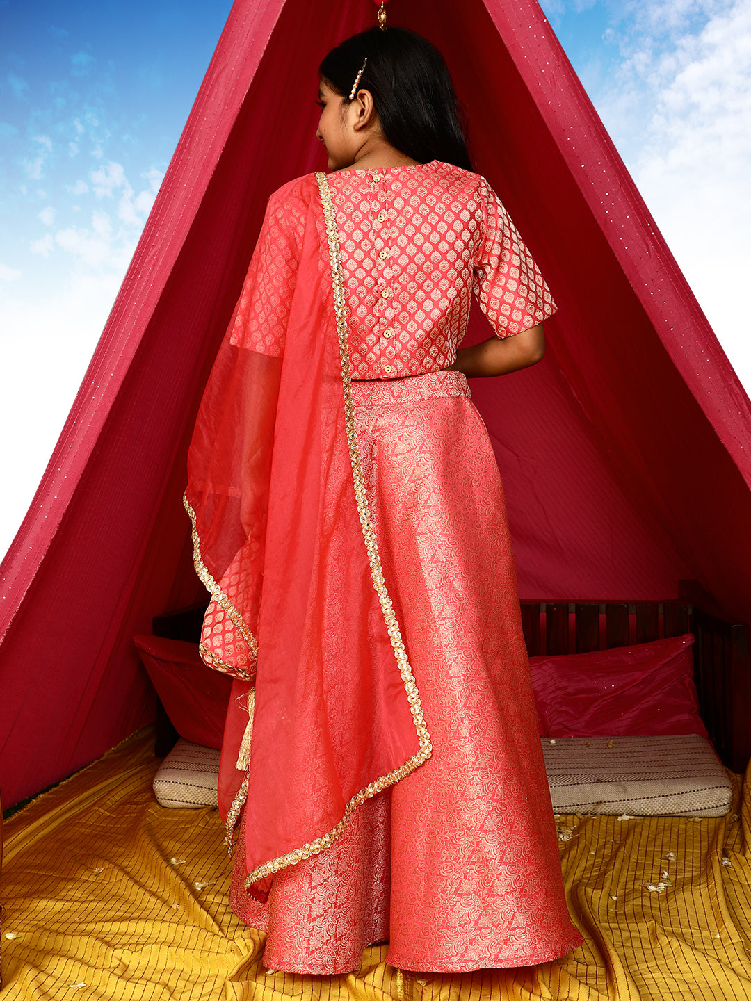 Peach Brocade Lehenga Choli With Dupatta & Potli Bag