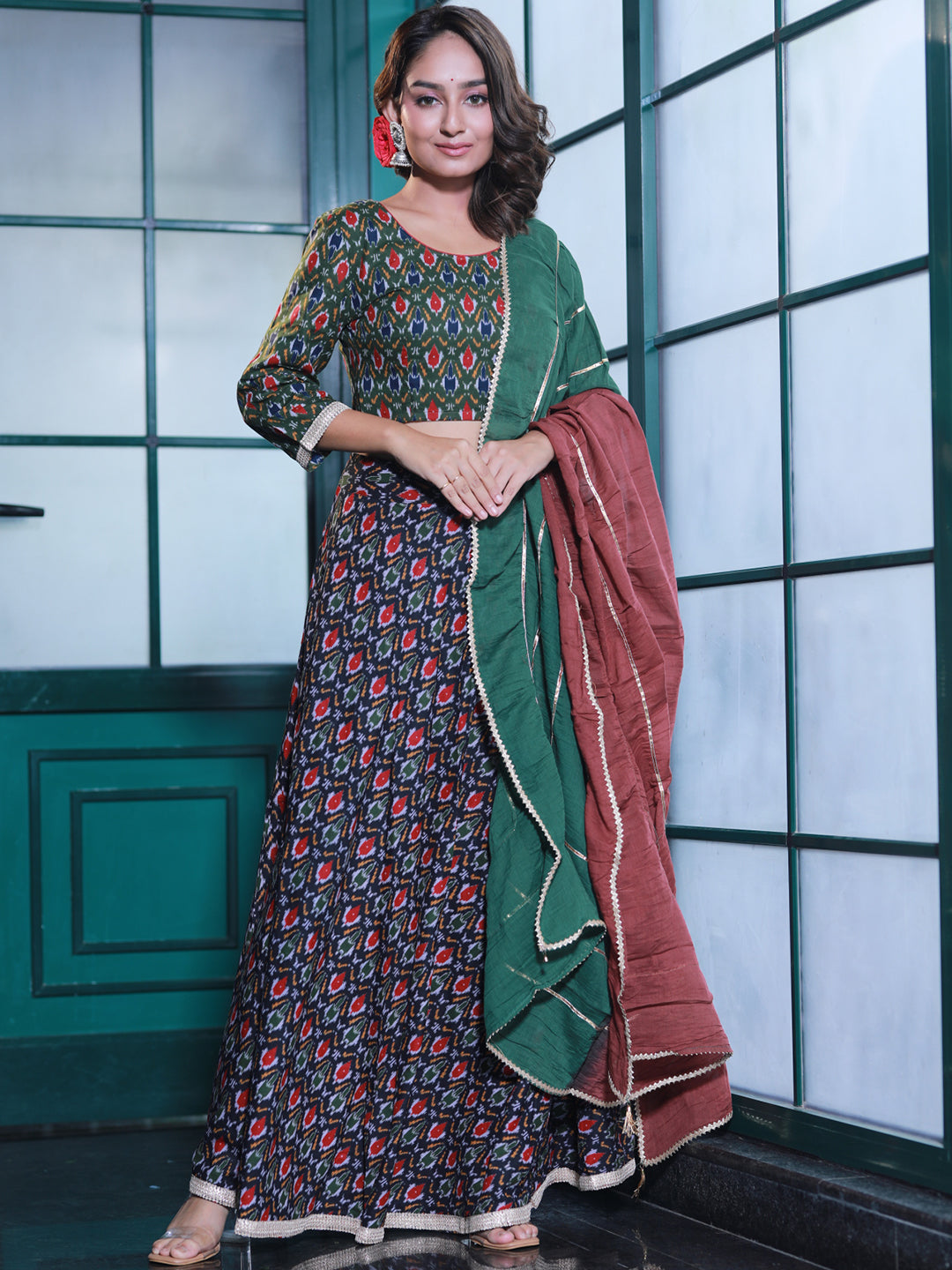 Olive & Black Patola Print Lehenga Choli - Elganza