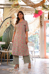 Green & Pink Ethnic Motif A-Line Kurta Set - Elganza
