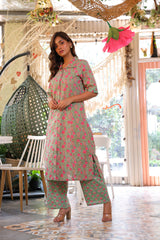 Green & Pink Ethnic Motif A-Line Kurta Set - Elganza