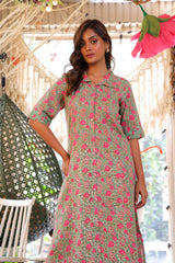 Green & Pink Ethnic Motif A-Line Kurta Set - Elganza