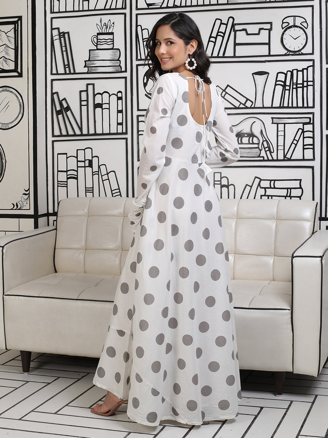White And Grey Polka Dots Flared Maxi - Elganza