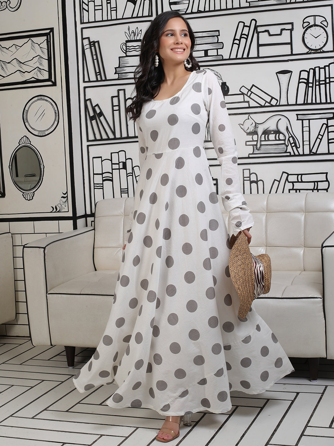 White And Grey Polka Dots Flared Maxi - Elganza