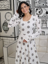 White And Grey Polka Dots Flared Maxi - Elganza