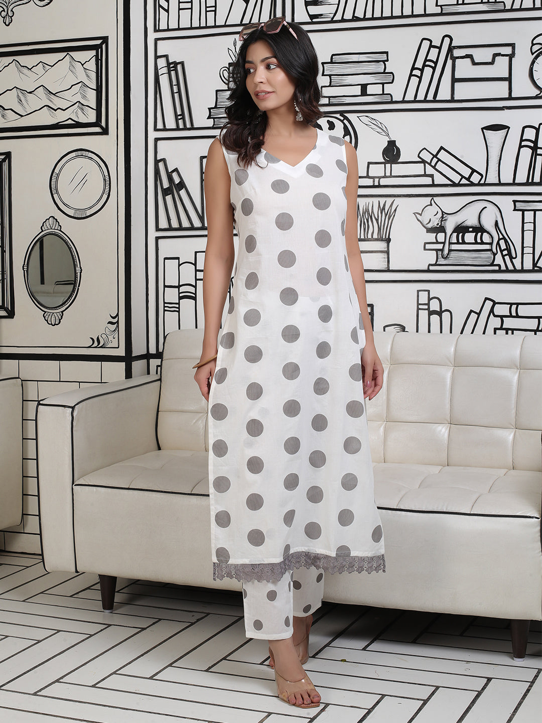 White And Grey Polka Dots Kurta Set With Lace Detail - Elganza