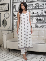 White And Grey Polka Dots Kurta Set With Lace Detail - Elganza