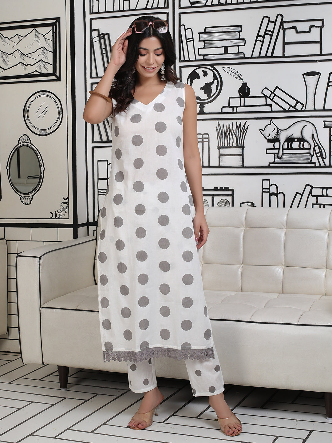 White And Grey Polka Dots Kurta Set With Lace Detail - Elganza