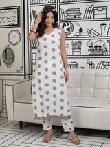 White And Grey Polka Dots Kurta Set With Lace Detail - Elganza