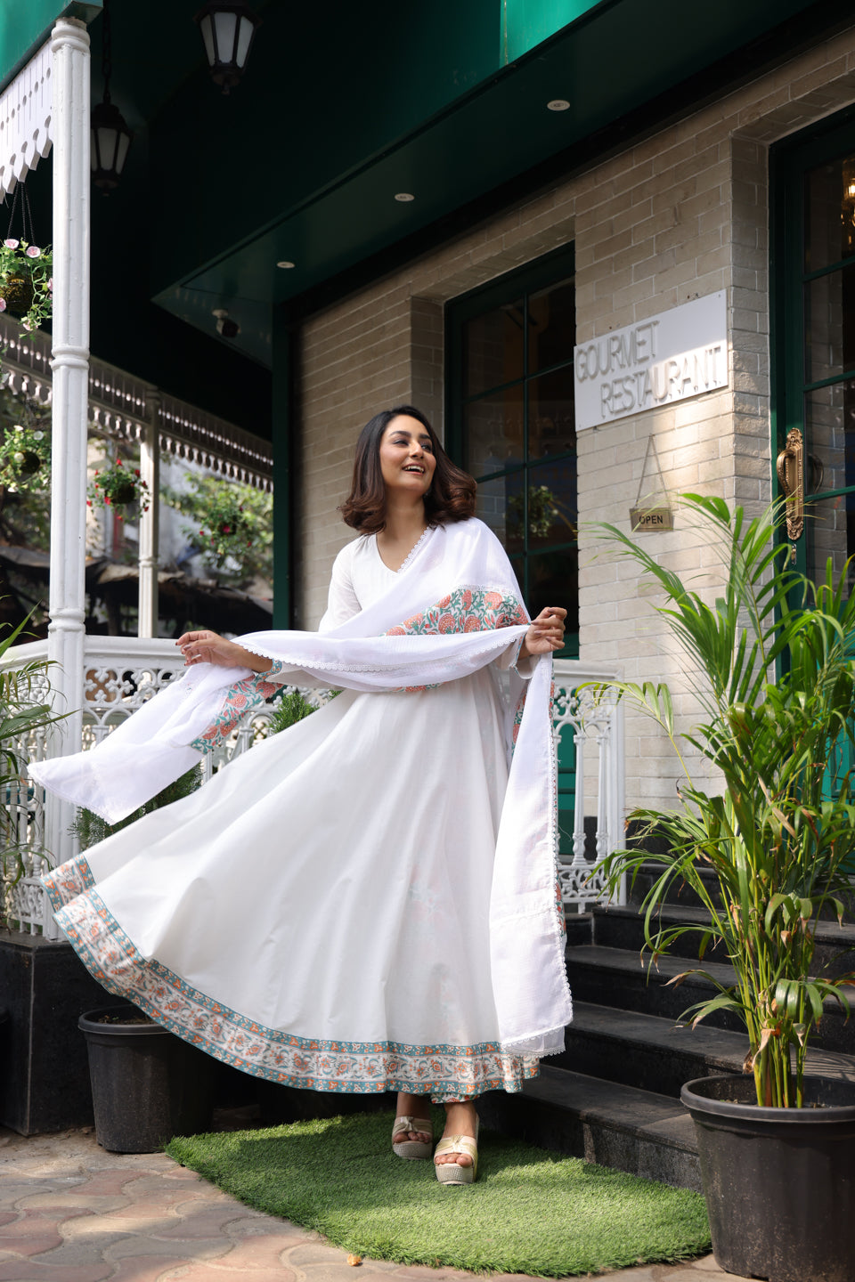 White Floor length Anarkali with Dupatta