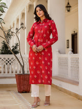 Red Cotton Button-Down Kurta with Cropped Back Design