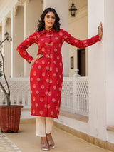 Red Cotton Button-Down Kurta with Cropped Back Design