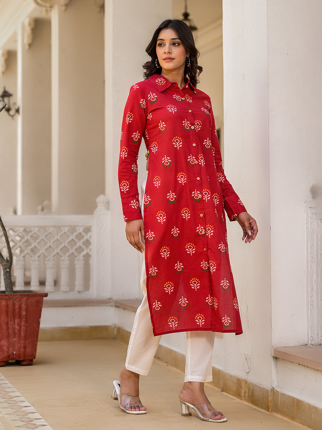 Red Cotton Button-Down Kurta with Cropped Back Design