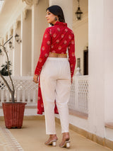 Red Cotton Button-Down Kurta with Cropped Back Design
