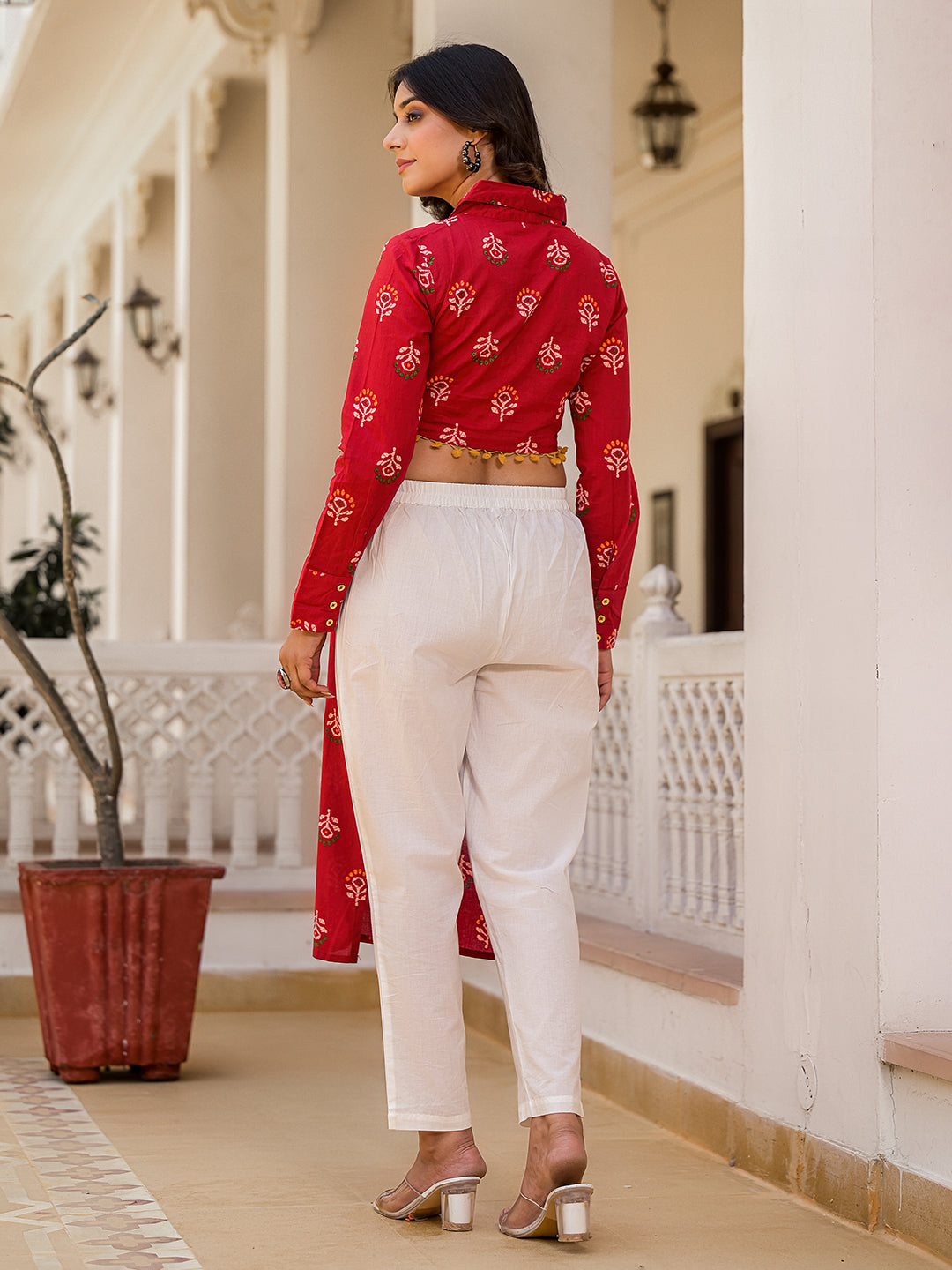 Red Cotton Button-Down Kurta with Cropped Back Design