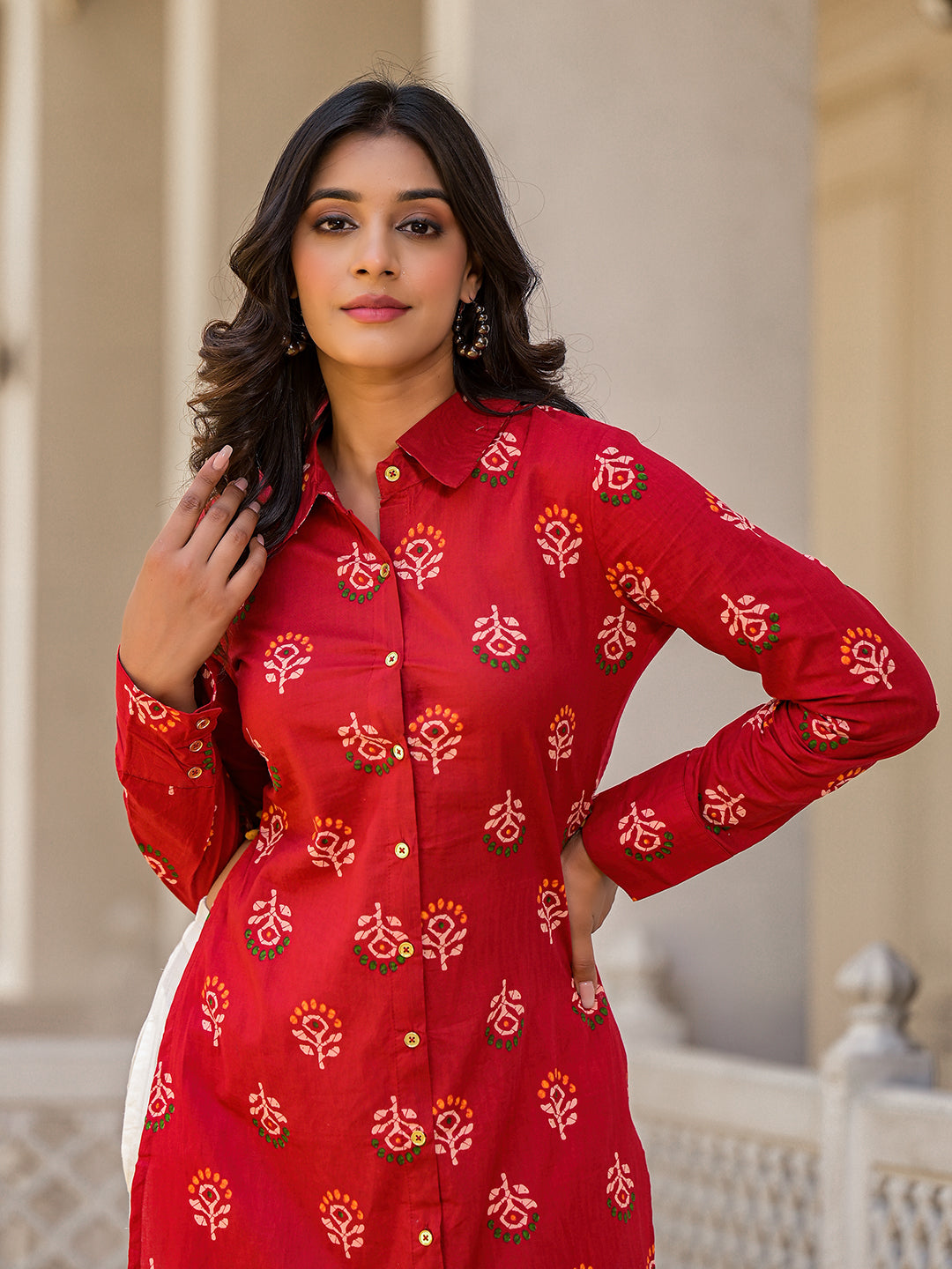 Red Cotton Button-Down Kurta with Cropped Back Design