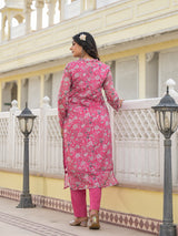 Pink And White Chanderi Kurta Set With Printed Organza Dupatta - Elganza