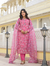 Pink And White Chanderi Kurta Set With Printed Organza Dupatta - Elganza