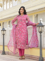 Pink And White Chanderi Kurta Set With Printed Organza Dupatta - Elganza
