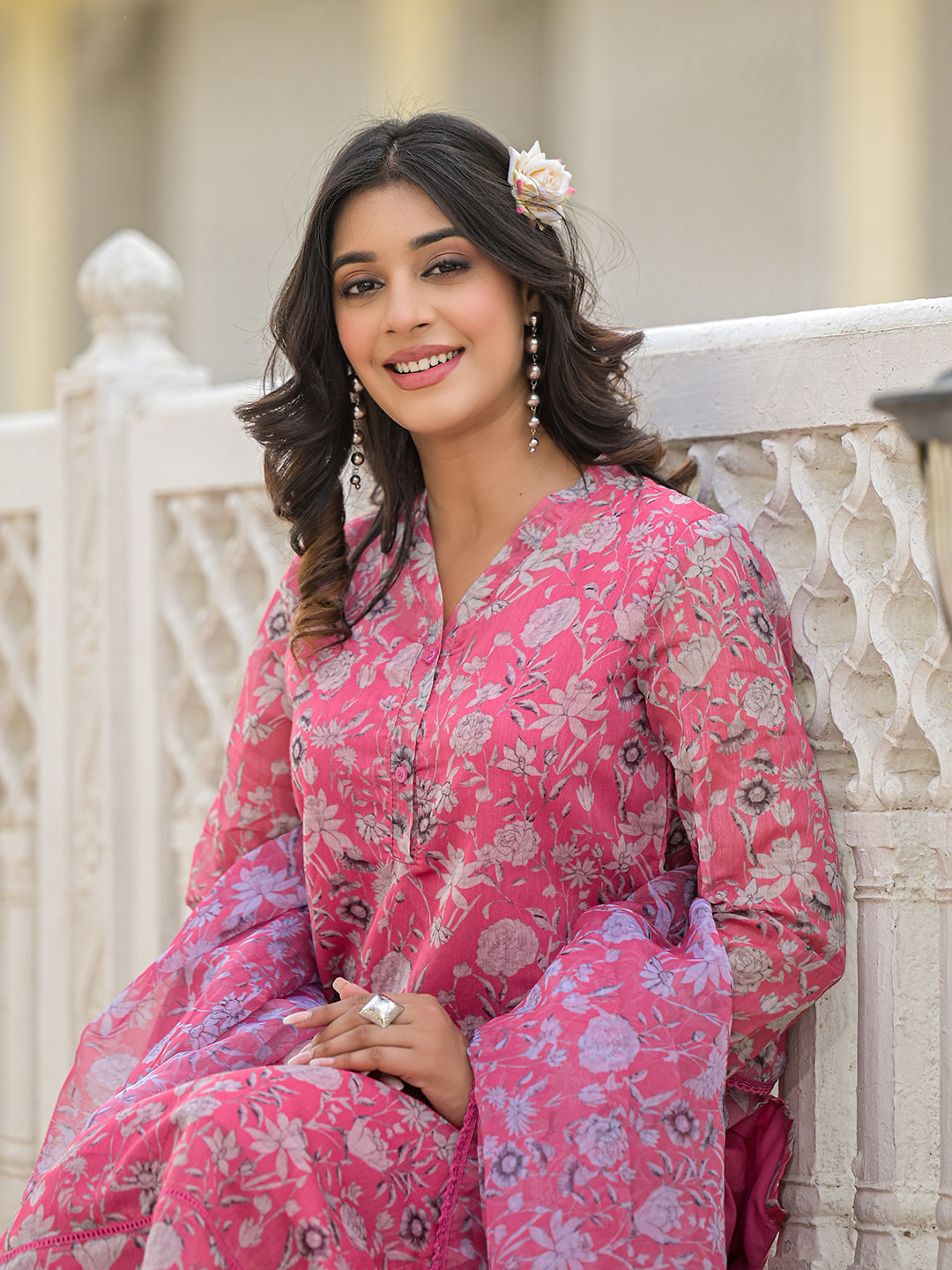 Pink And White Chanderi Kurta Set With Printed Organza Dupatta - Elganza