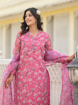 Pink And White Chanderi Kurta Set With Printed Organza Dupatta - Elganza