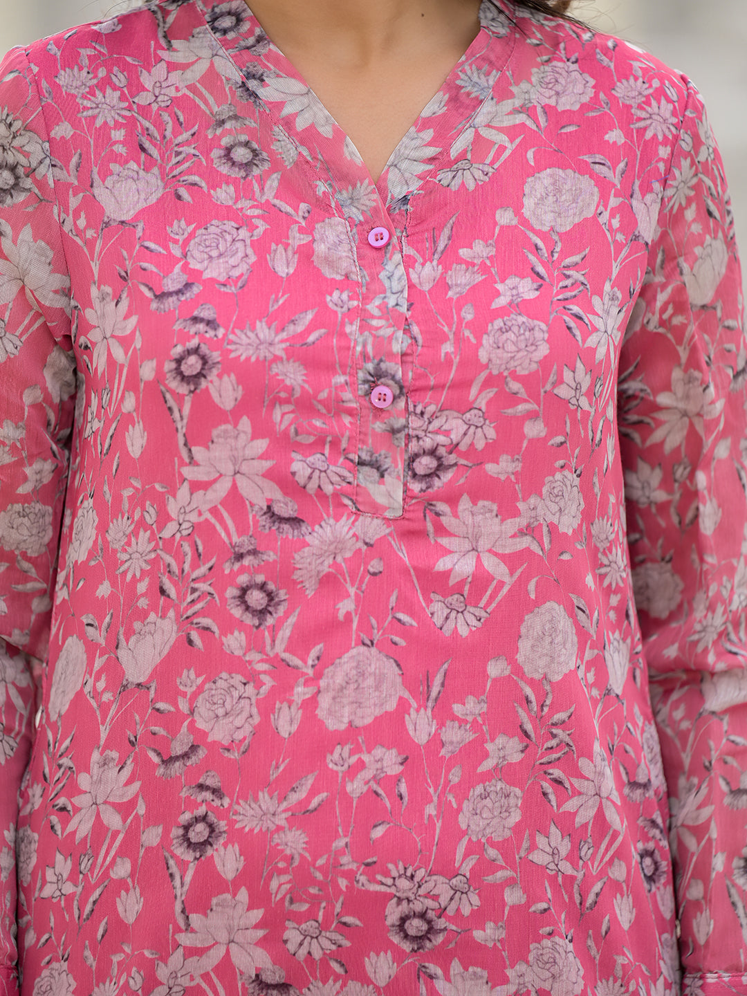 Pink And White Chanderi Kurta Set With Printed Organza Dupatta - Elganza
