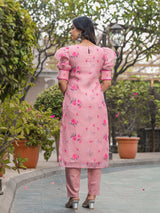 Blush Pink Floral Chanderi Kurta Set With Dupatta - Elganza