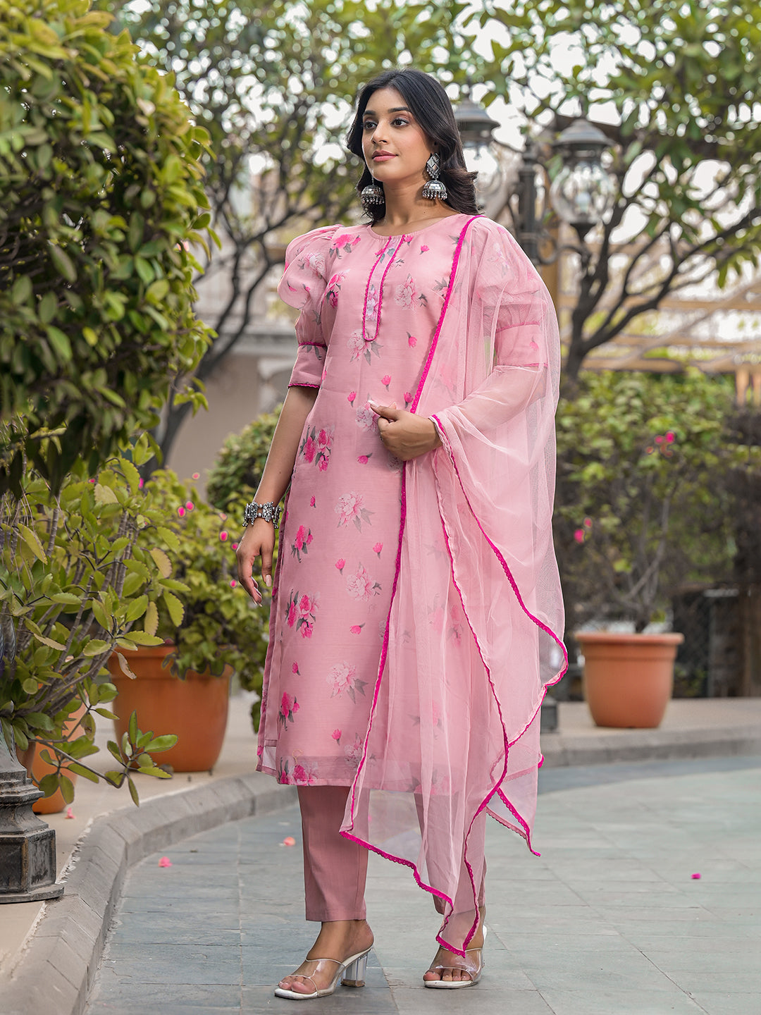 Blush Pink Floral Chanderi Kurta Set With Dupatta - Elganza