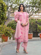 Blush Pink Floral Chanderi Kurta Set With Dupatta - Elganza