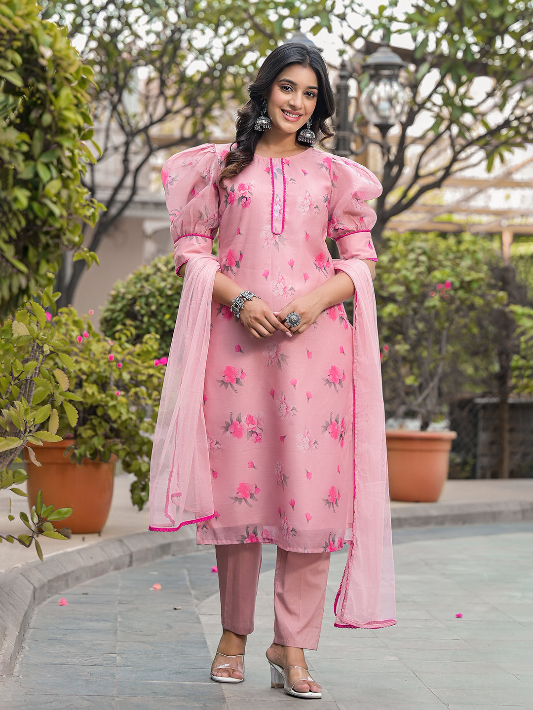 Blush Pink Floral Chanderi Kurta Set With Dupatta - Elganza