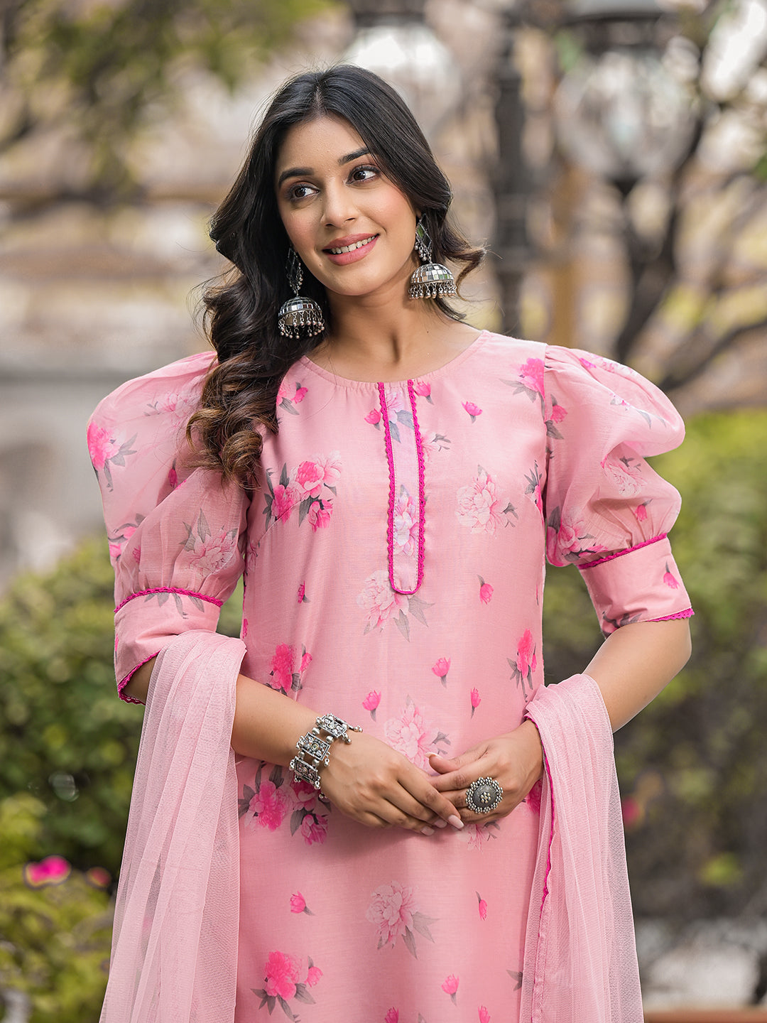 Blush Pink Floral Chanderi Kurta Set With Dupatta - Elganza