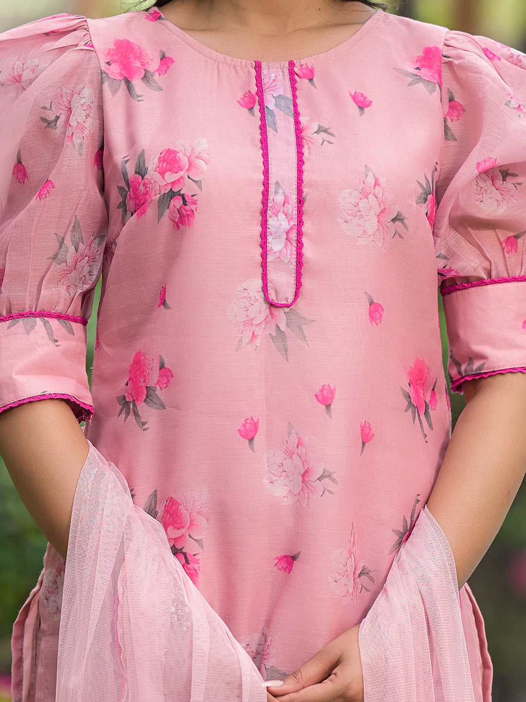 Blush Pink Floral Chanderi Kurta Set With Dupatta - Elganza