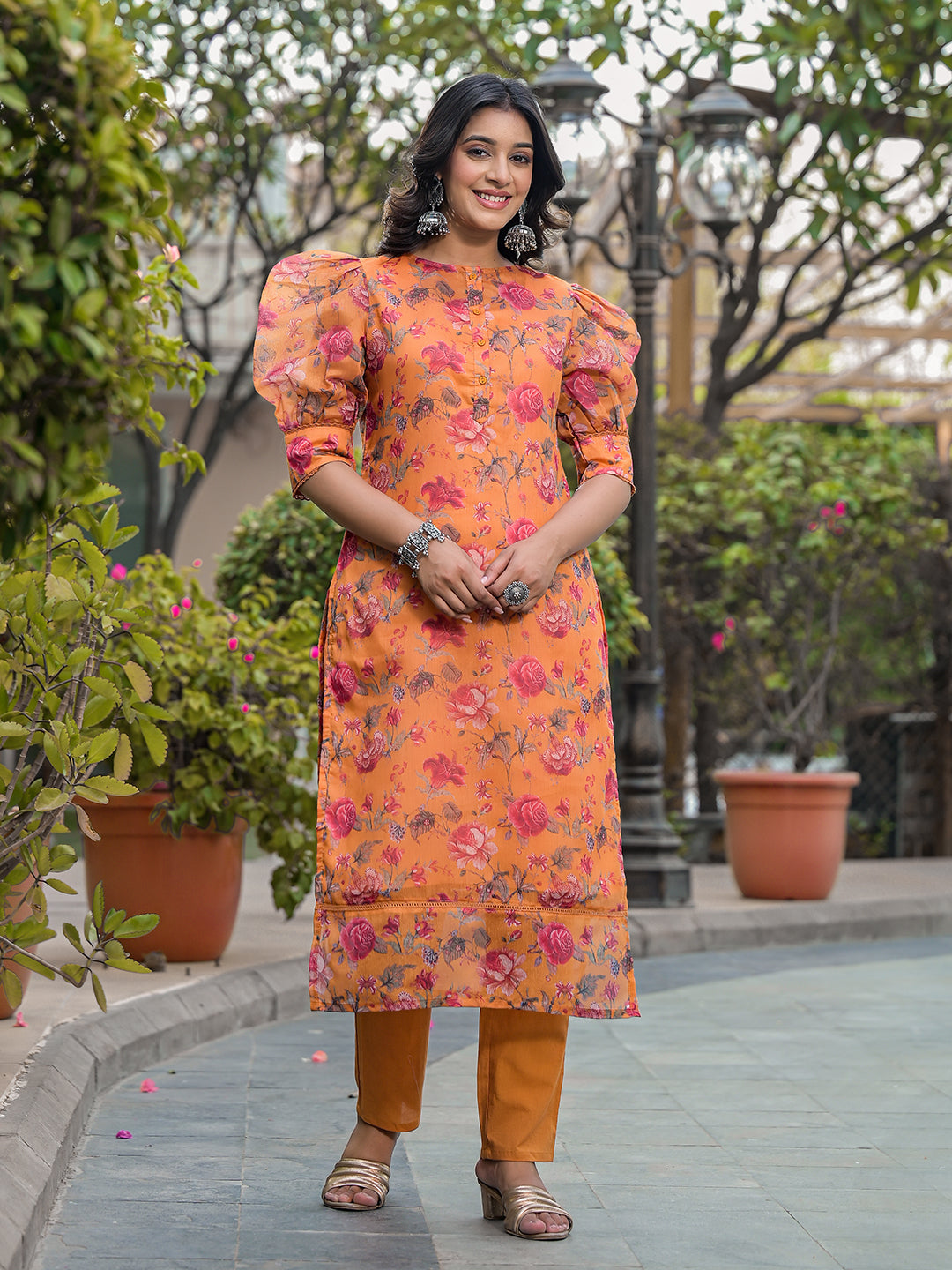 Tangirine Floral Chanderi Kurta Set With Dupatta - Elganza