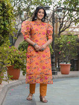 Tangirine Floral Chanderi Kurta Set With Dupatta - Elganza