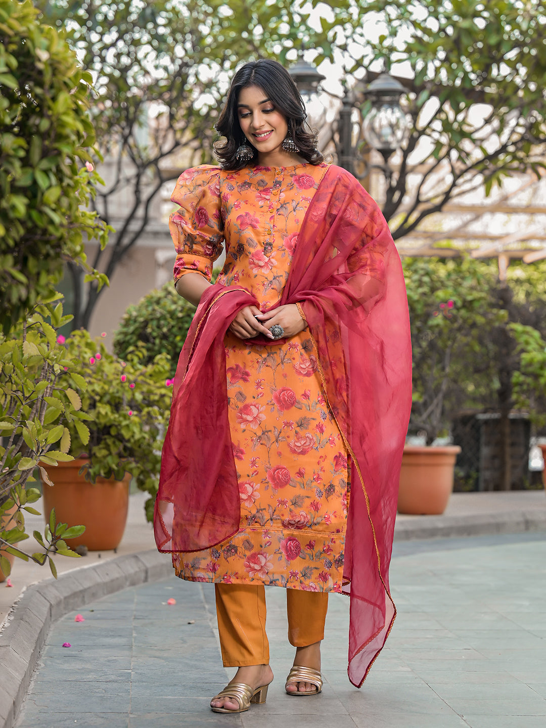 Tangirine Floral Chanderi Kurta Set With Dupatta - Elganza