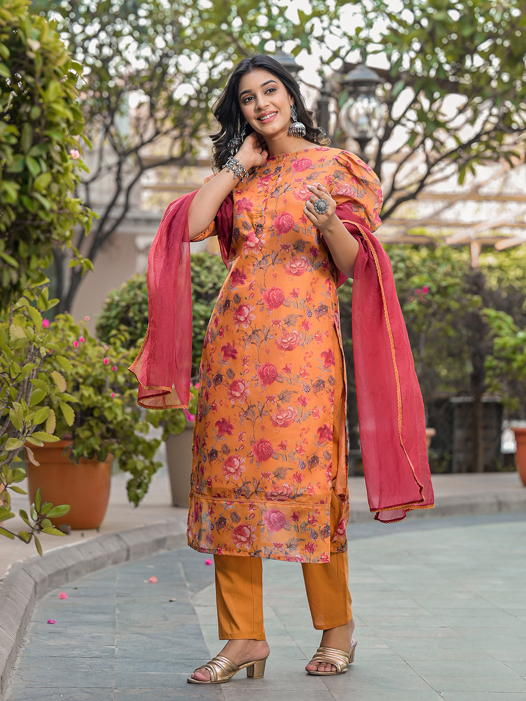 Tangirine Floral Chanderi Kurta Set With Dupatta - Elganza