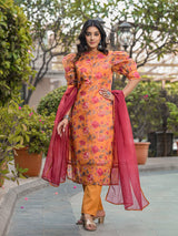Tangirine Floral Chanderi Kurta Set With Dupatta - Elganza