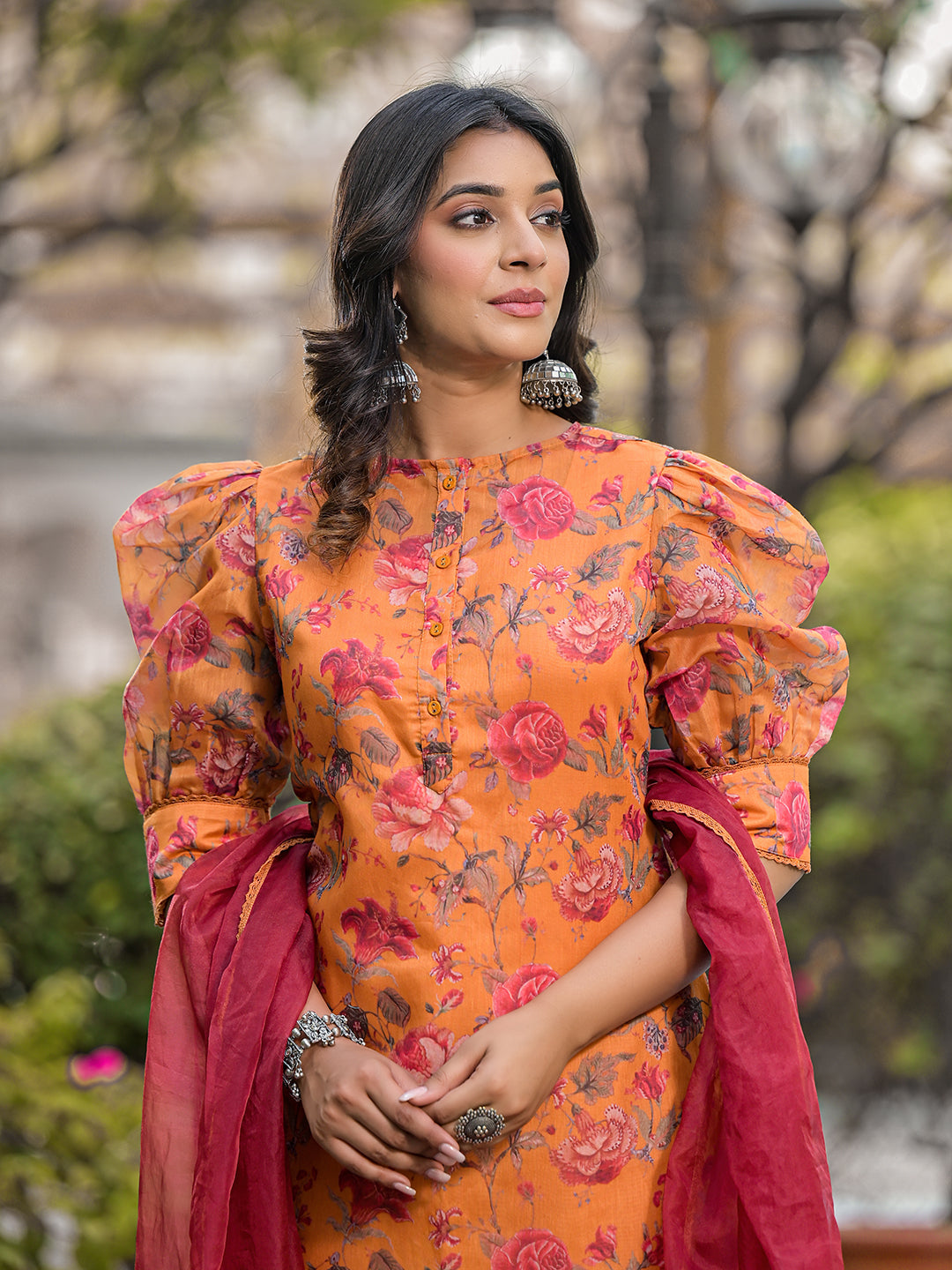 Tangirine Floral Chanderi Kurta Set With Dupatta - Elganza