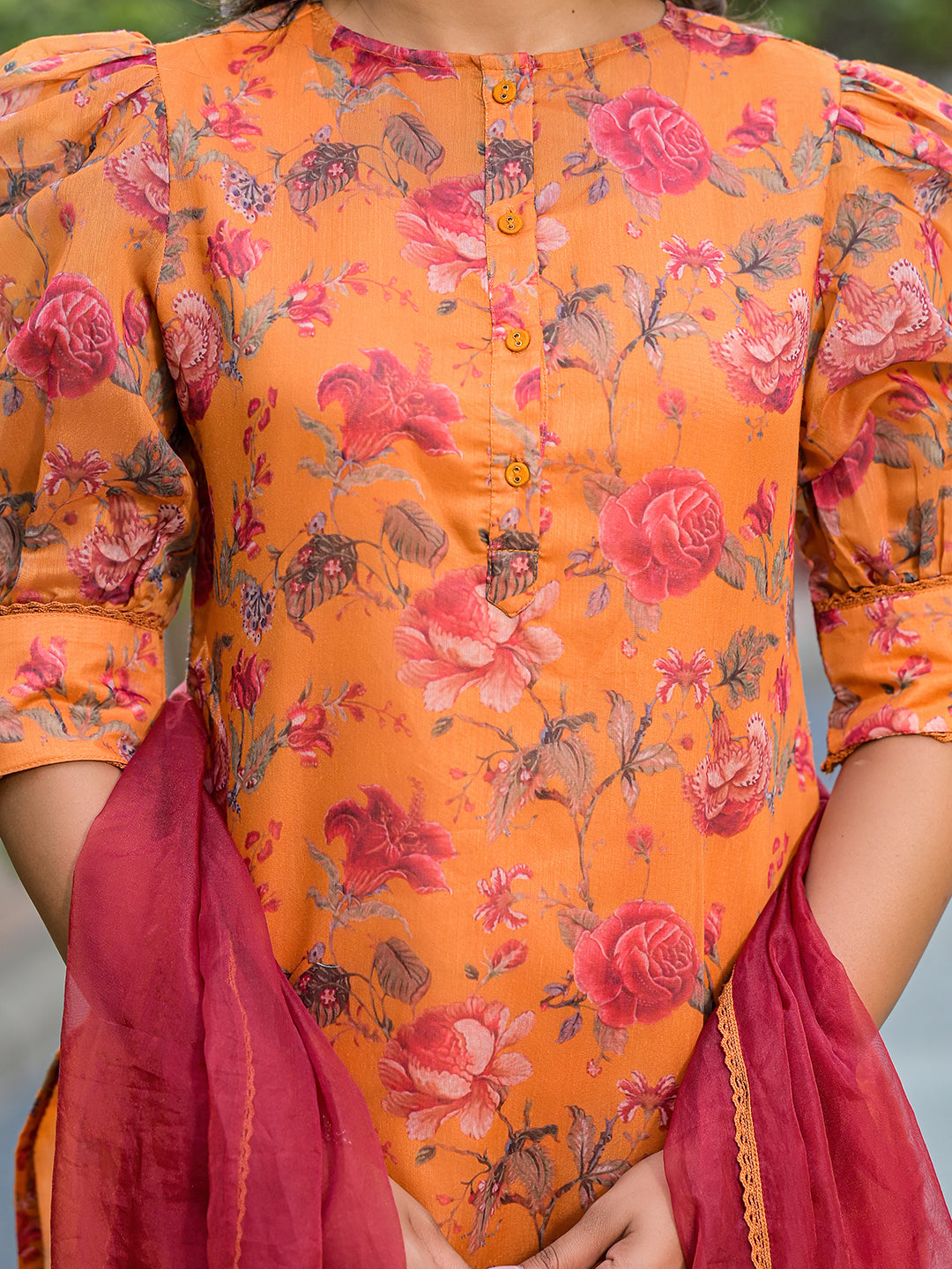Tangirine Floral Chanderi Kurta Set With Dupatta - Elganza