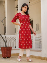 Red Puffed sleeve Kurta wity smocking detail - Elganza