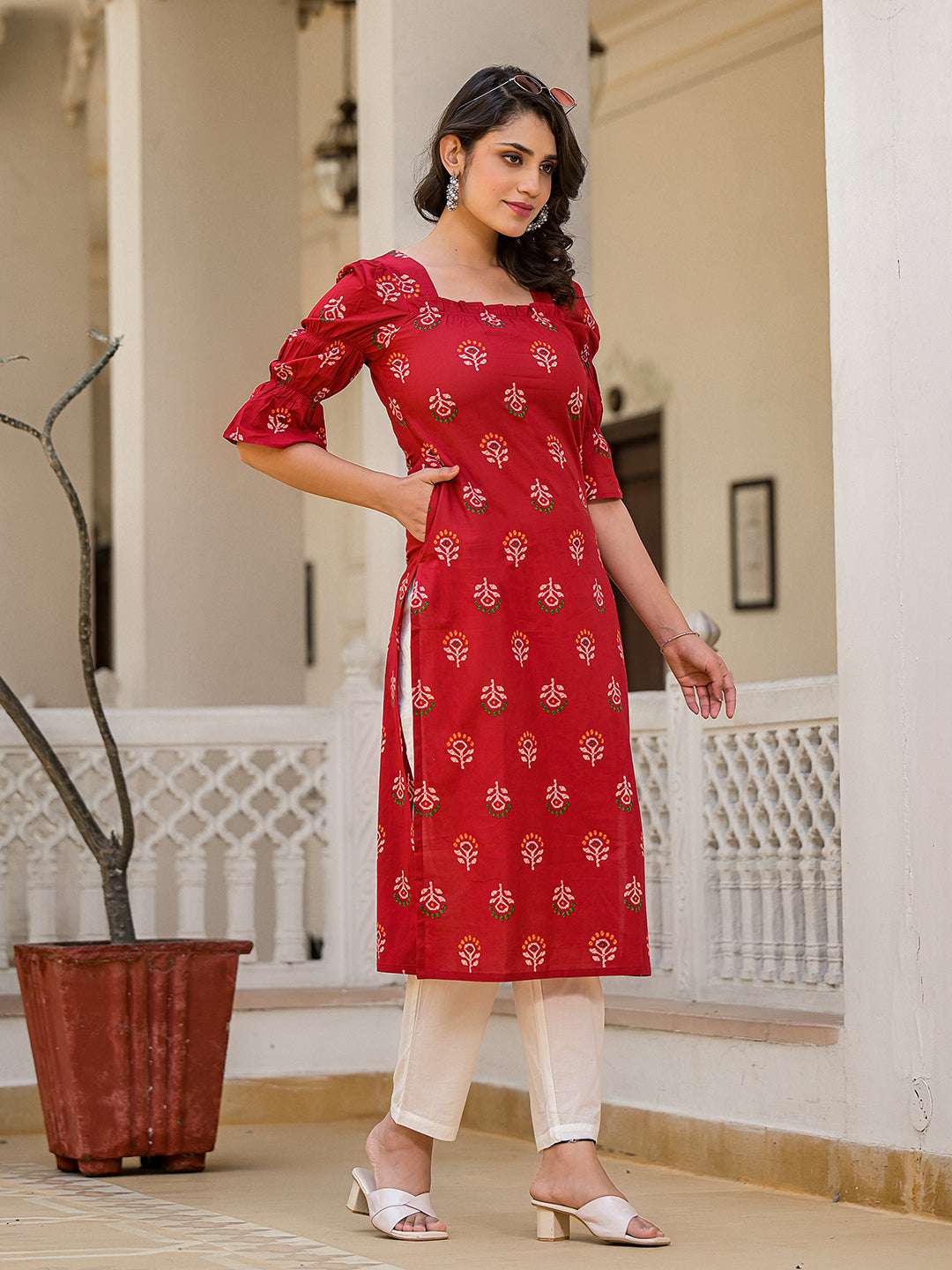 Red Puffed sleeve Kurta wity smocking detail - Elganza
