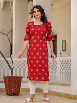 Red Puffed sleeve Kurta wity smocking detail - Elganza