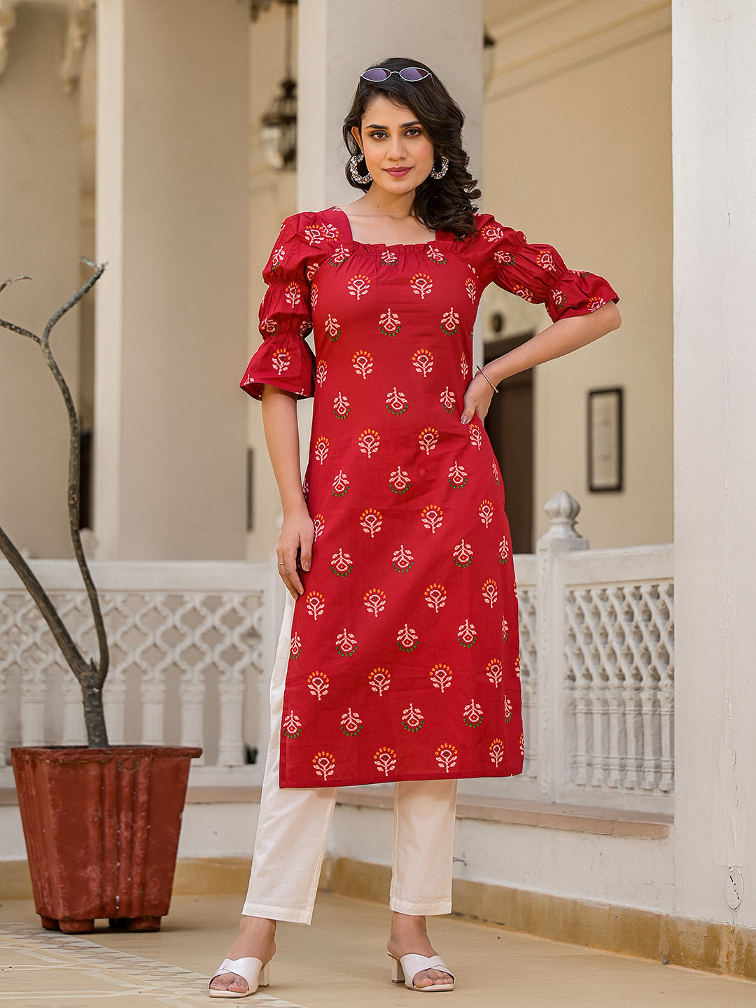 Red Puffed sleeve Kurta wity smocking detail - Elganza