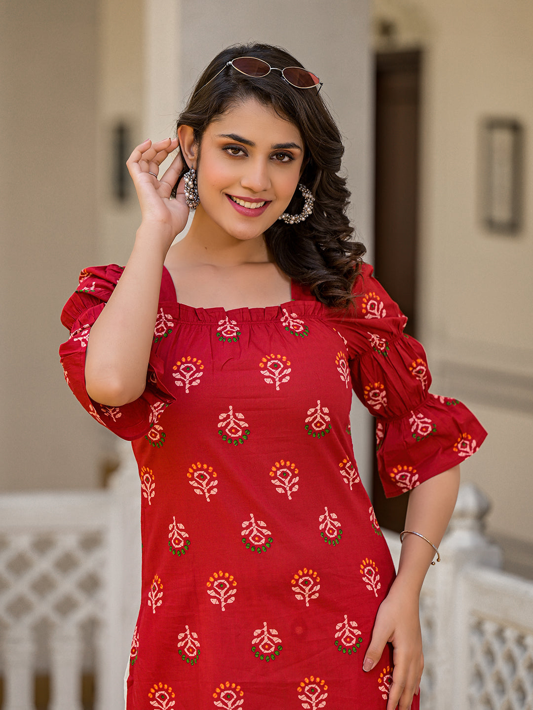 Red Puffed sleeve Kurta wity smocking detail - Elganza
