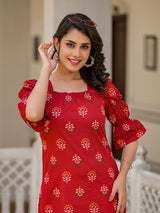 Red Puffed sleeve Kurta wity smocking detail - Elganza