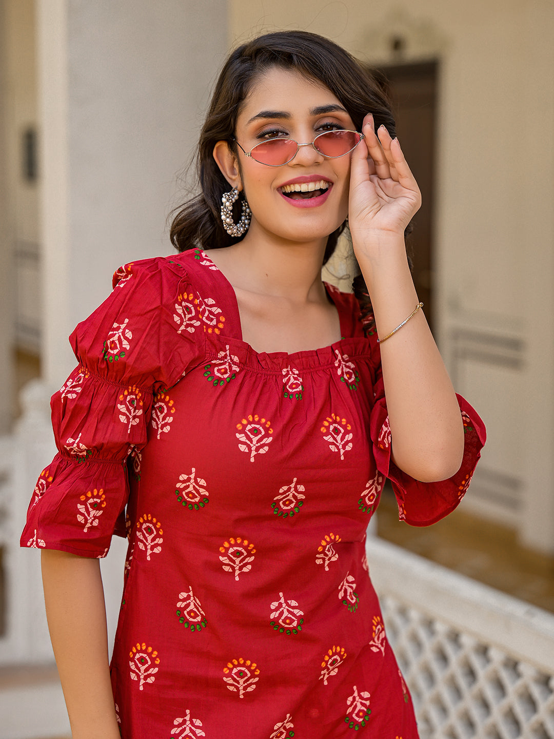 Red Puffed sleeve Kurta wity smocking detail - Elganza