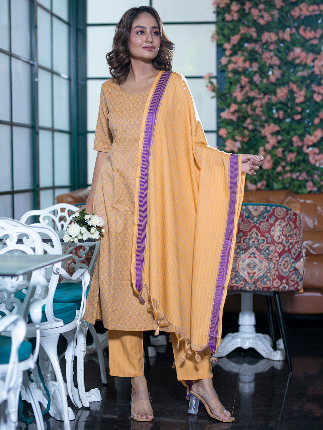 Mustard Yarn Dyed Kurta Set with dupatta - Elganza