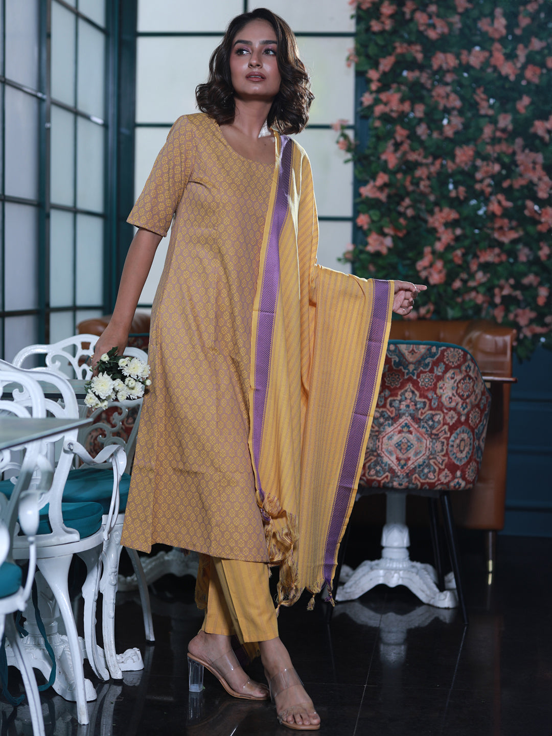 Mustard Yarn Dyed Kurta Set with dupatta - Elganza
