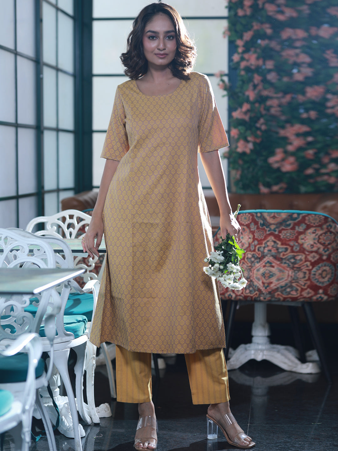 Mustard Yarn Dyed Kurta Set with dupatta - Elganza