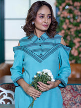 Sky Blue Striped Cold Shoulder Kurta Set - Elganza