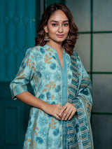Powder Blue Floral Kurta Set with Dupatta - Elganza